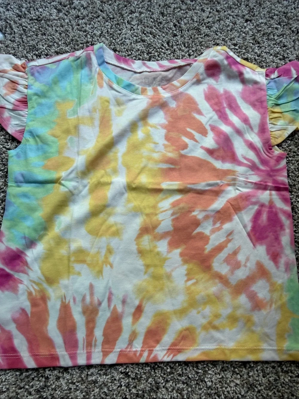 NWT 2 Girls' Rainbow Stripe & Tie-Dye Short Sleeve Tops flutter sleeve size M